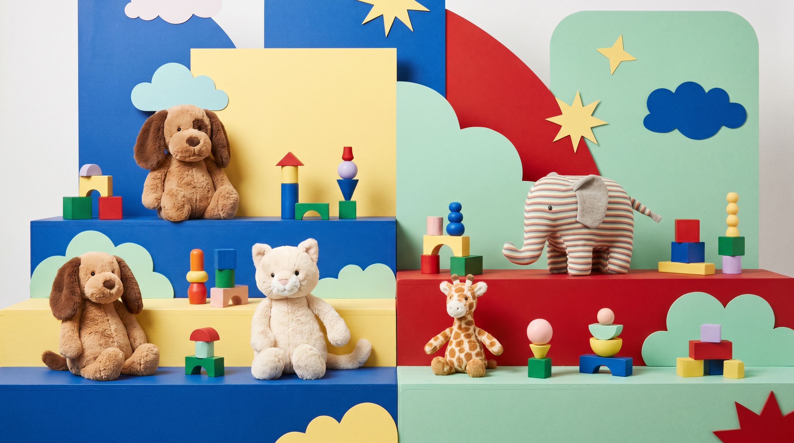 Compagnons peluche disposés sur un fond pop saturé — l'univers Chien Peluche.